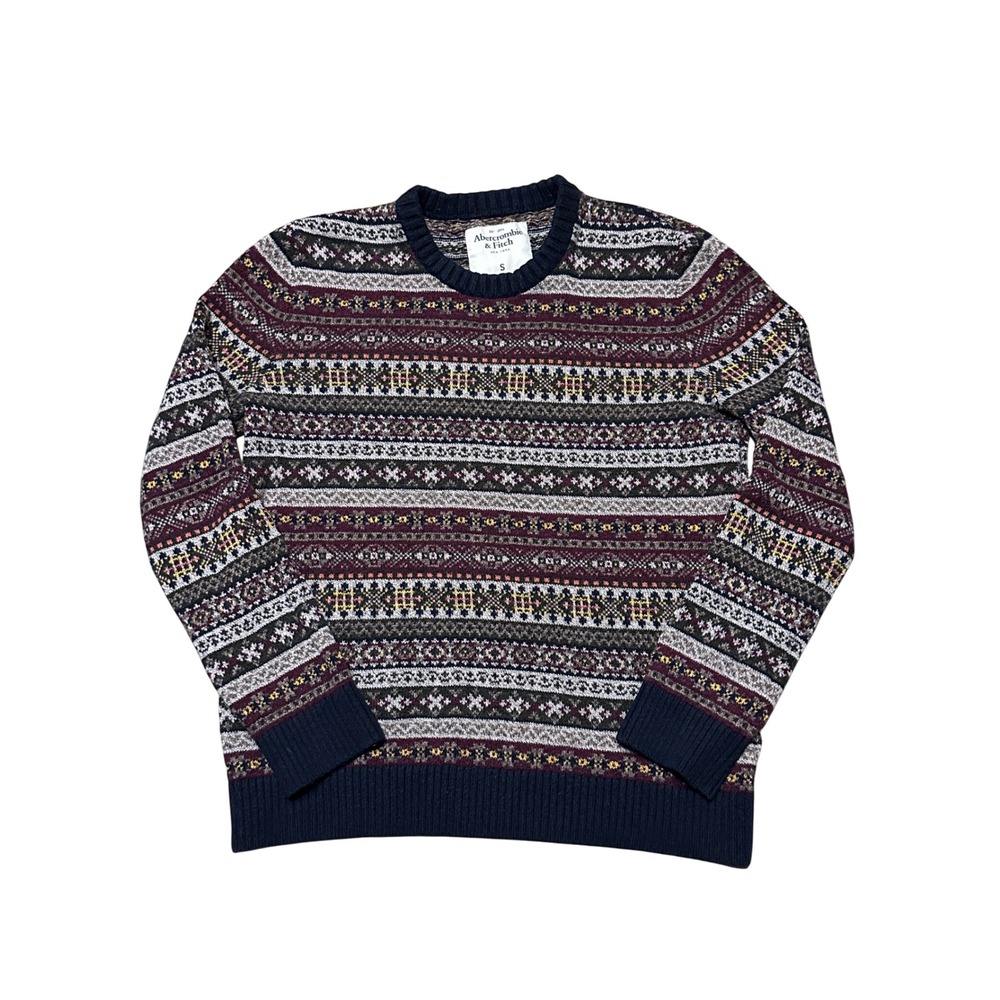Abercrombie & Fitch Mens Fair Isle Crewneck Sweater Navy/Burgundy Small